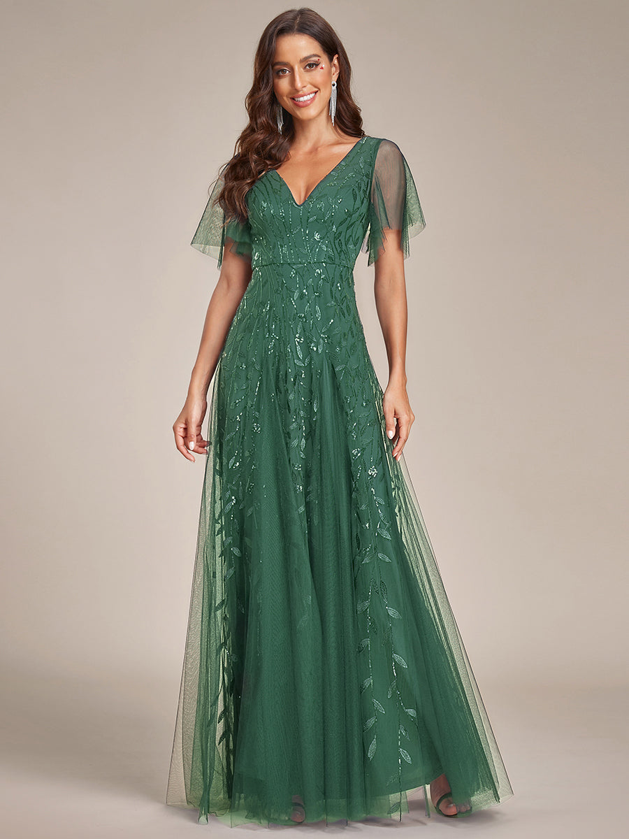 Shimmery V Neck Ruffle Sleeves Sequin Maxi Long Evening Dress #color_Eucalyptus