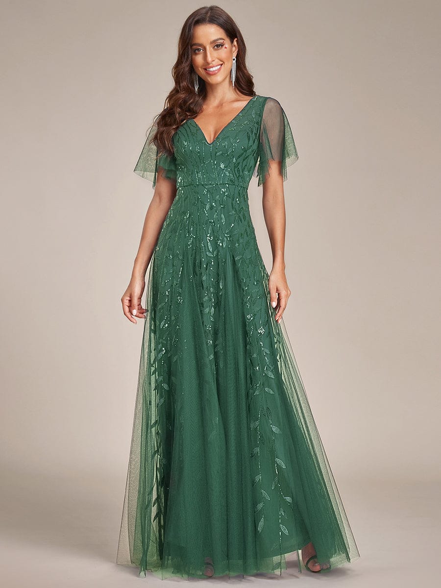 Elegant Ruffle Sleeves Maxi Sequin Mother of the Bride Dress #color_Eucalyptus