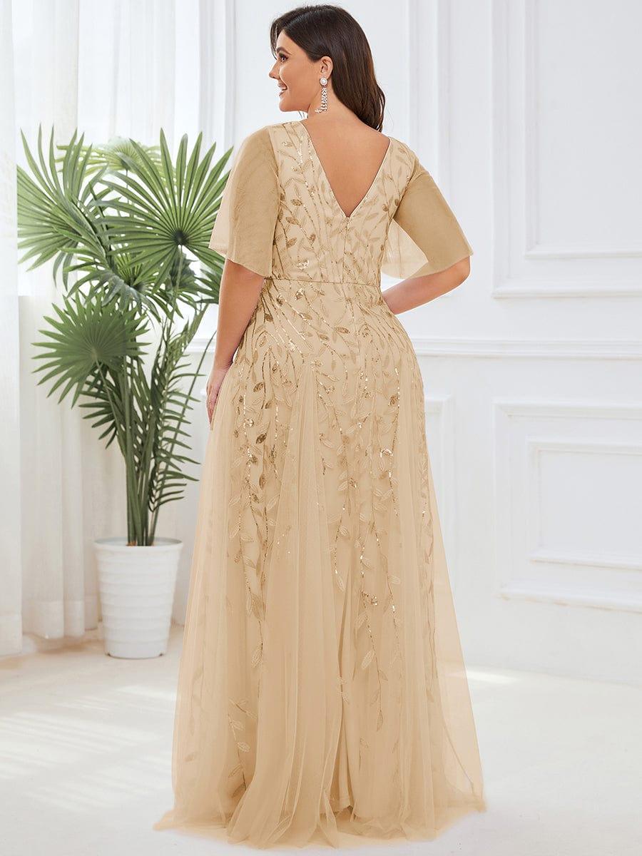 Elegant Ruffle Sleeves Maxi Sequin Mother of the Bride Dress #color_Gold