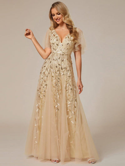 Elegant Ruffle Sleeves Maxi Sequin Mother of the Bride Dress #color_Gold