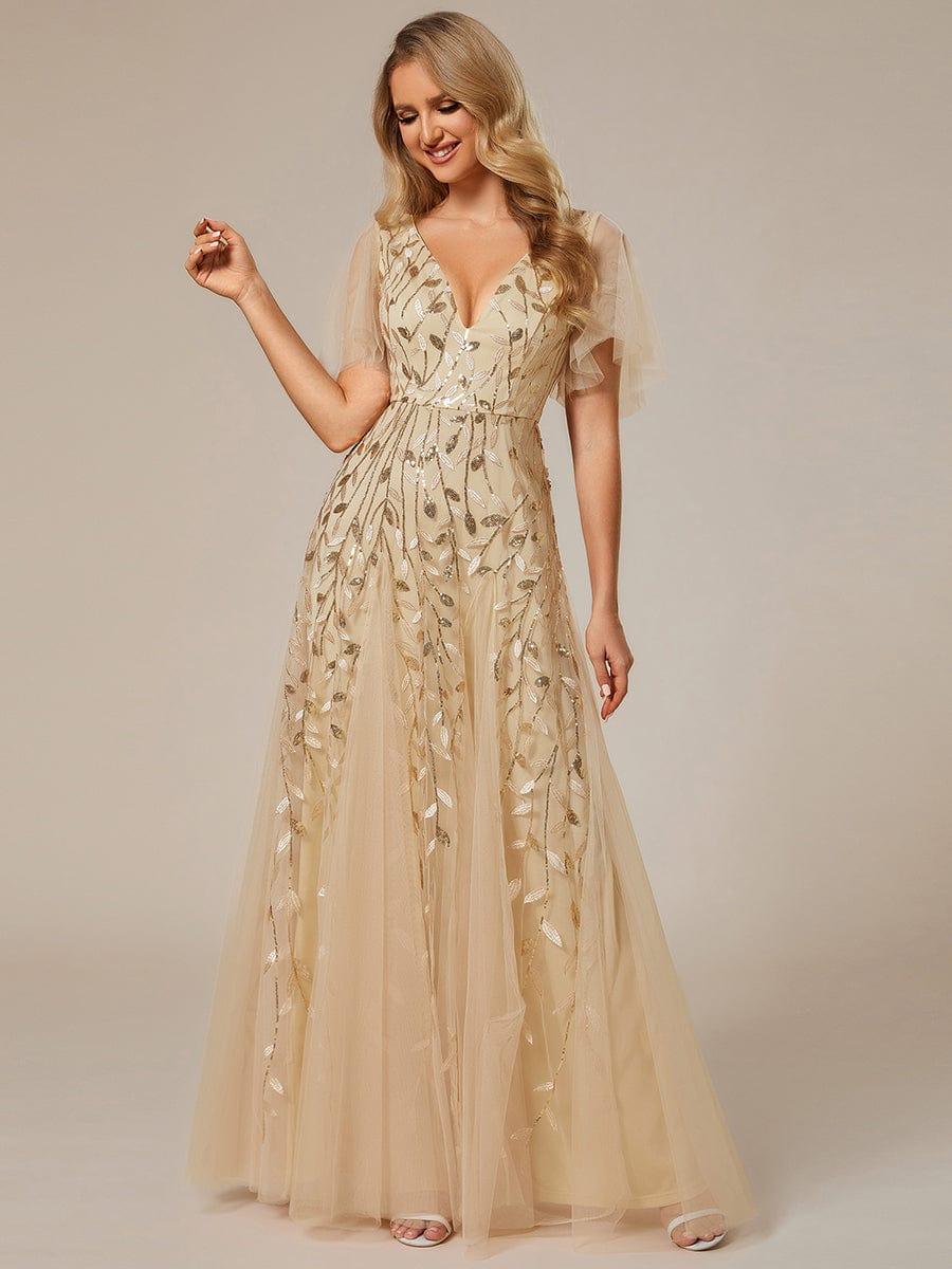 Elegant Ruffle Sleeves Maxi Sequin Mother of the Bride Dress #color_Gold
