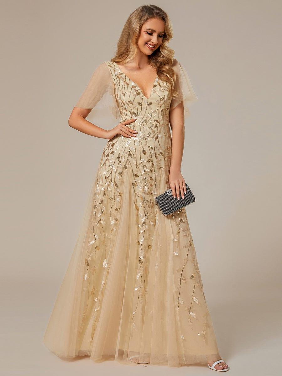 Elegant Ruffle Sleeves Maxi Sequin Mother of the Bride Dress #color_Gold