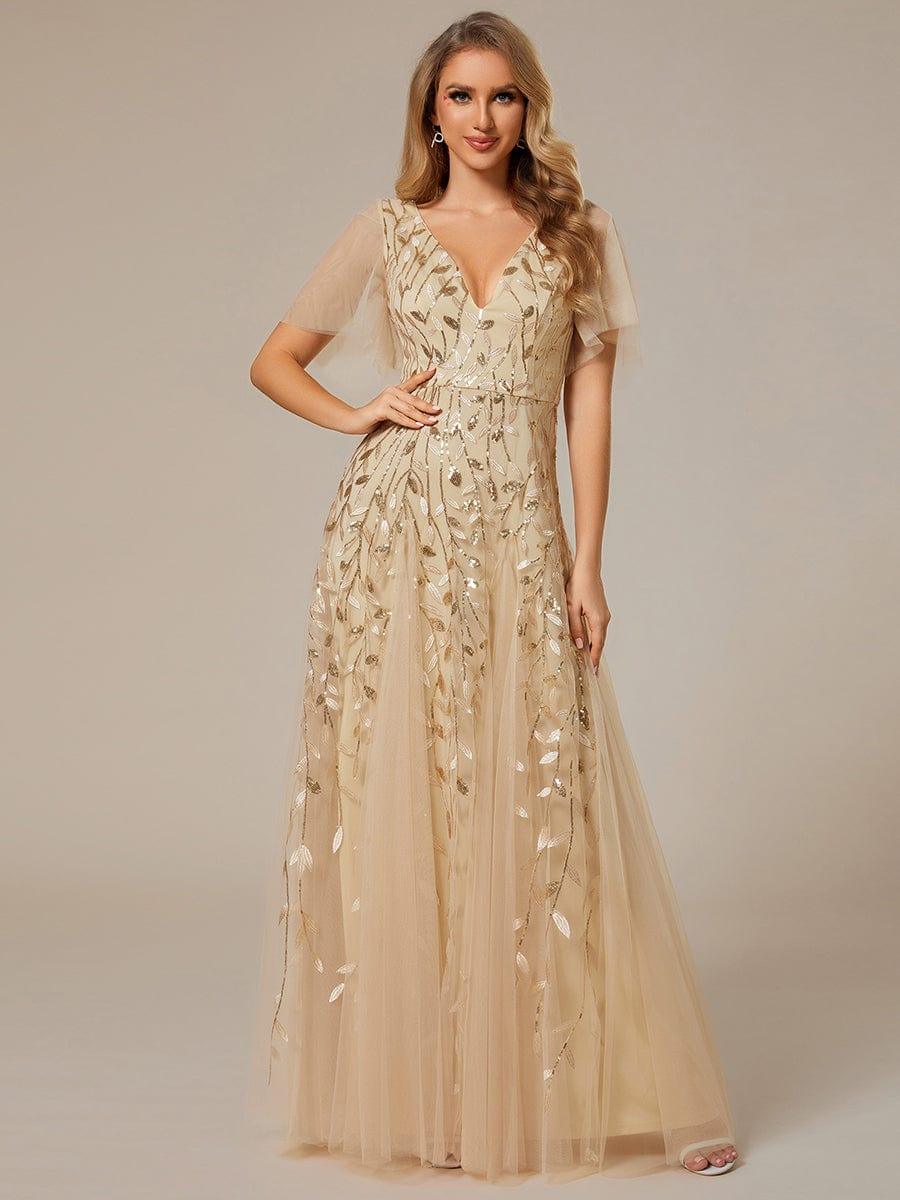 Elegant Ruffle Sleeves Maxi Sequin Mother of the Bride Dress #color_Gold