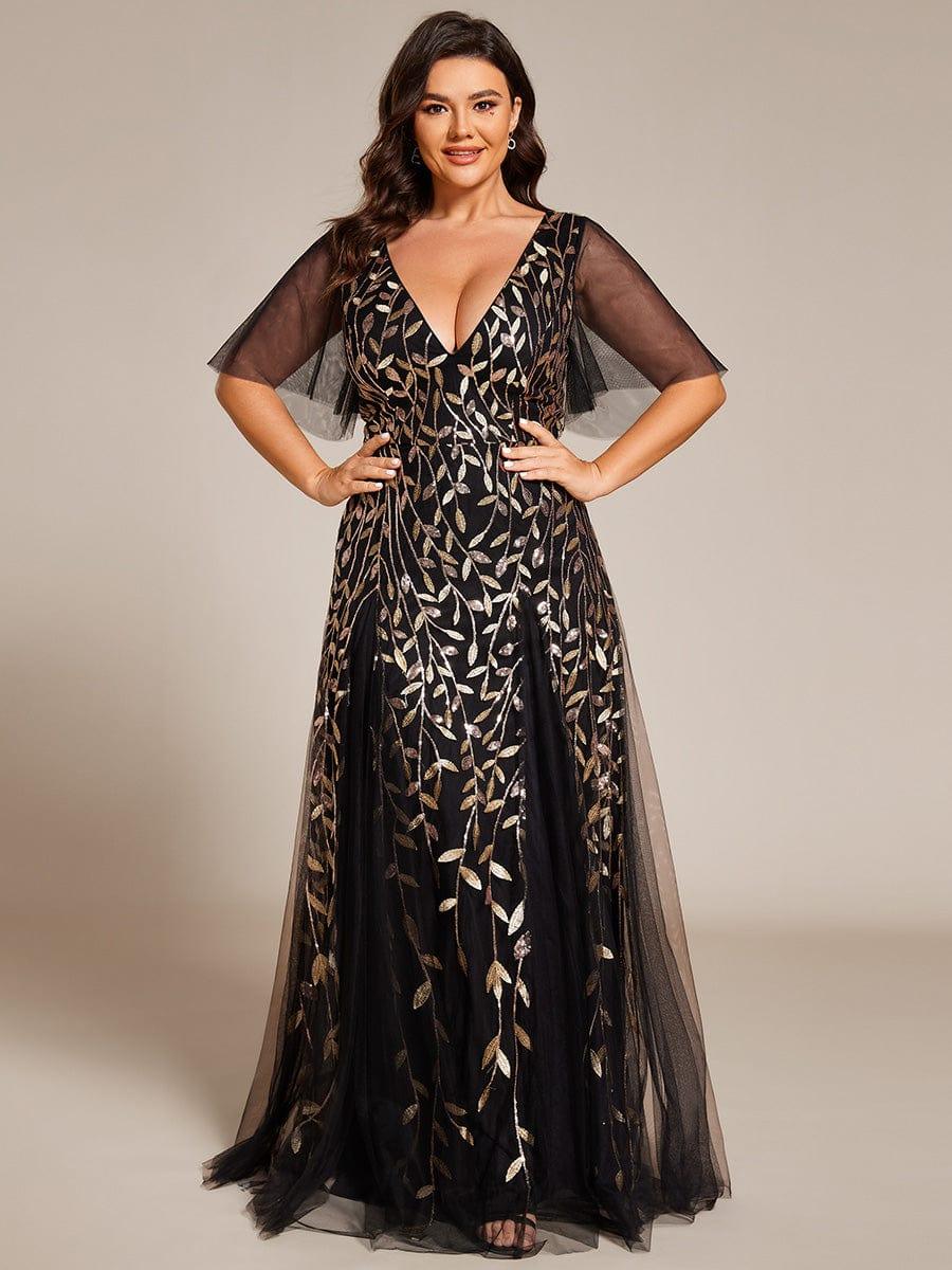 Elegant Ruffle Sleeves Maxi Sequin Mother of the Bride Dress #color_Black & Gold