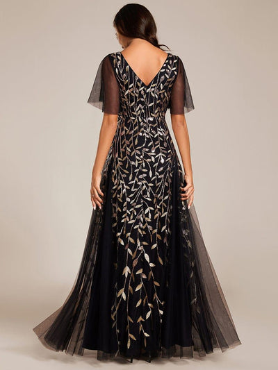 Elegant Ruffle Sleeves Maxi Sequin Mother of the Bride Dress #color_Black & Gold