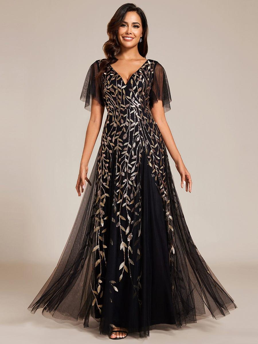 Elegant Ruffle Sleeves Maxi Sequin Mother of the Bride Dress #color_Black & Gold