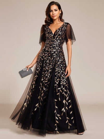 Shimmery V Neck Ruffle Sleeves Sequin Maxi Long Evening Dress #color_Black & Gold