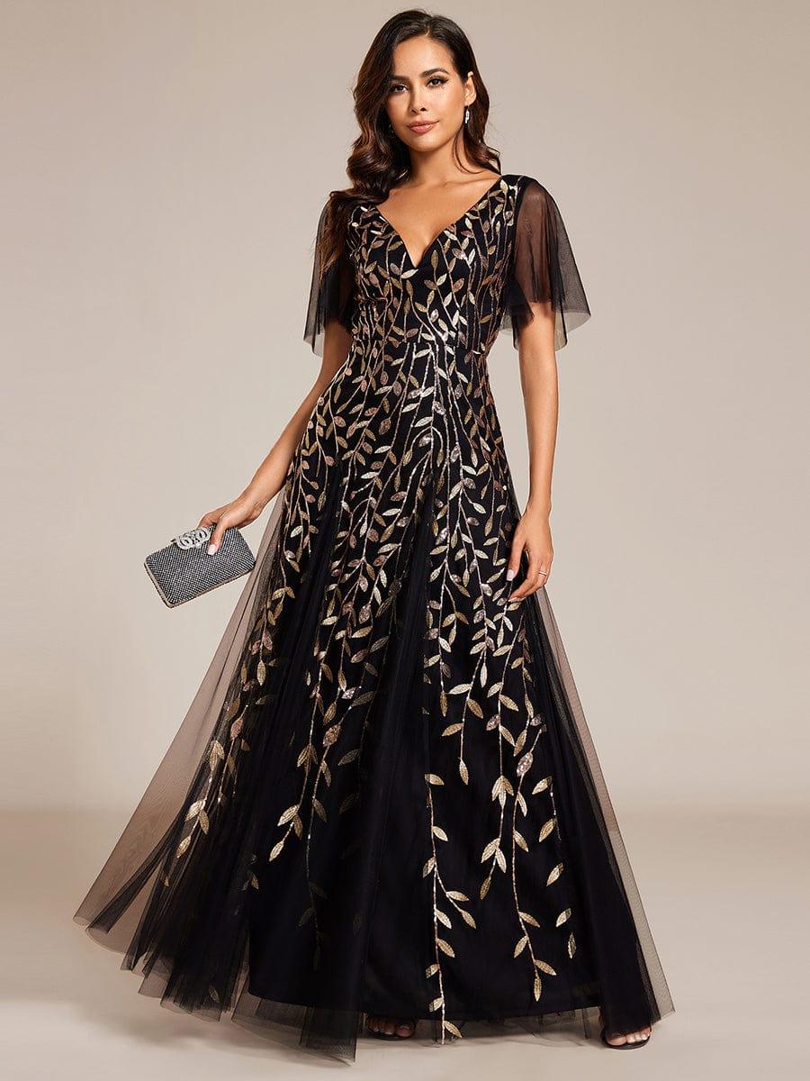 Elegant Ruffle Sleeves Maxi Sequin Mother of the Bride Dress #color_Black & Gold
