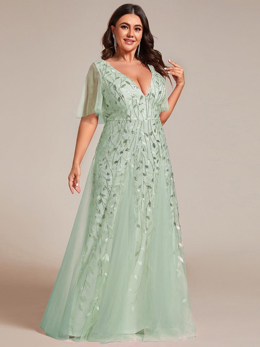 Elegant Ruffle Sleeves Maxi Sequin Mother of the Bride Dress #color_Mint Green