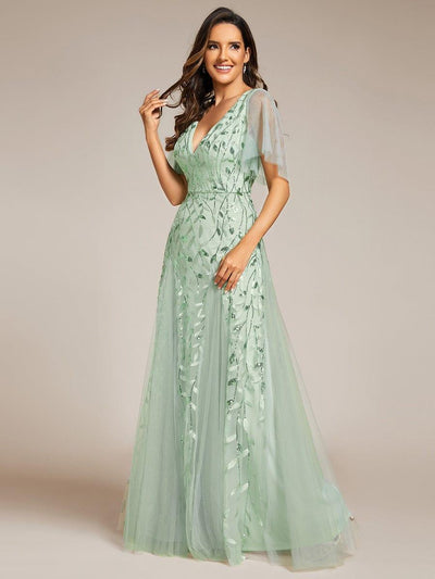 Elegant Ruffle Sleeves Maxi Sequin Mother of the Bride Dress #color_Mint Green