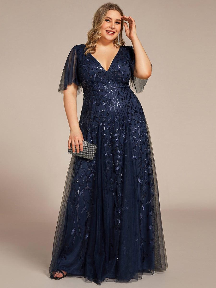 Elegant Ruffle Sleeves Maxi Sequin Mother of the Bride Dress #color_Navy Blue