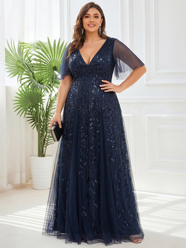 Plus Size Glamorous Sequin Ruffle Sleeve Maxi Formal Evening Dress
