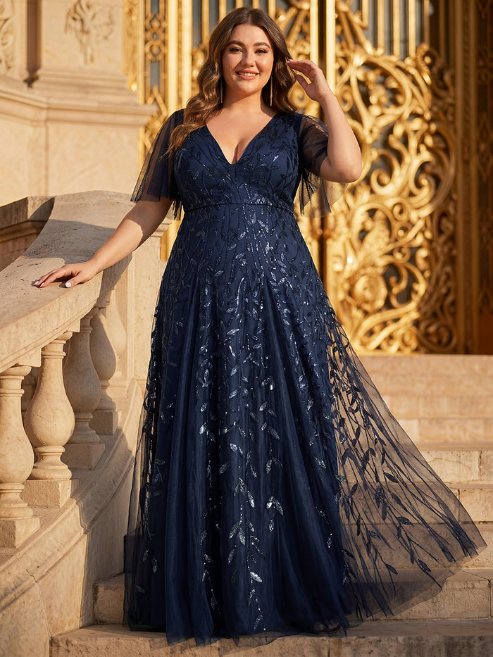 Plus Size Glamorous Sequin Ruffle Sleeve Maxi Formal Evening Dress