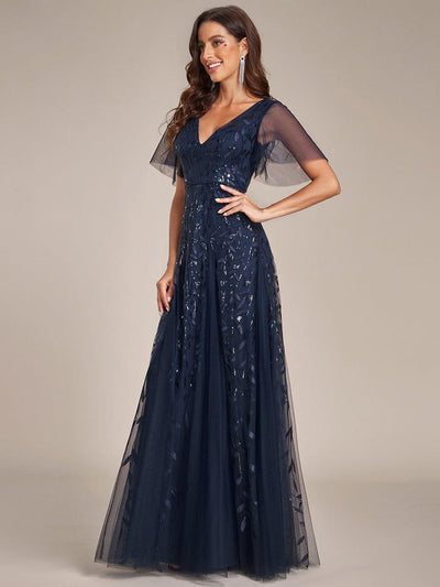 Elegant Ruffle Sleeves Maxi Sequin Mother of the Bride Dress #color_Navy Blue