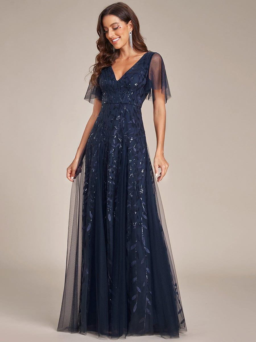 Elegant Ruffle Sleeves Maxi Sequin Mother of the Bride Dress #color_Navy Blue