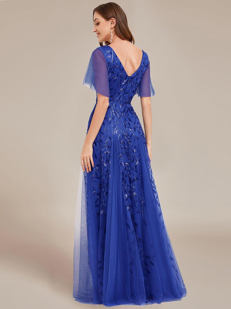 Elegant Ruffle Sleeves Maxi Sequin Mother of the Bride Dress #color_Sapphire Blue