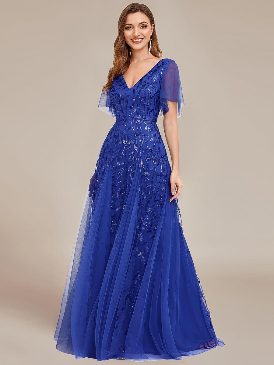 Elegant Ruffle Sleeves Maxi Sequin Mother of the Bride Dress #color_Sapphire Blue