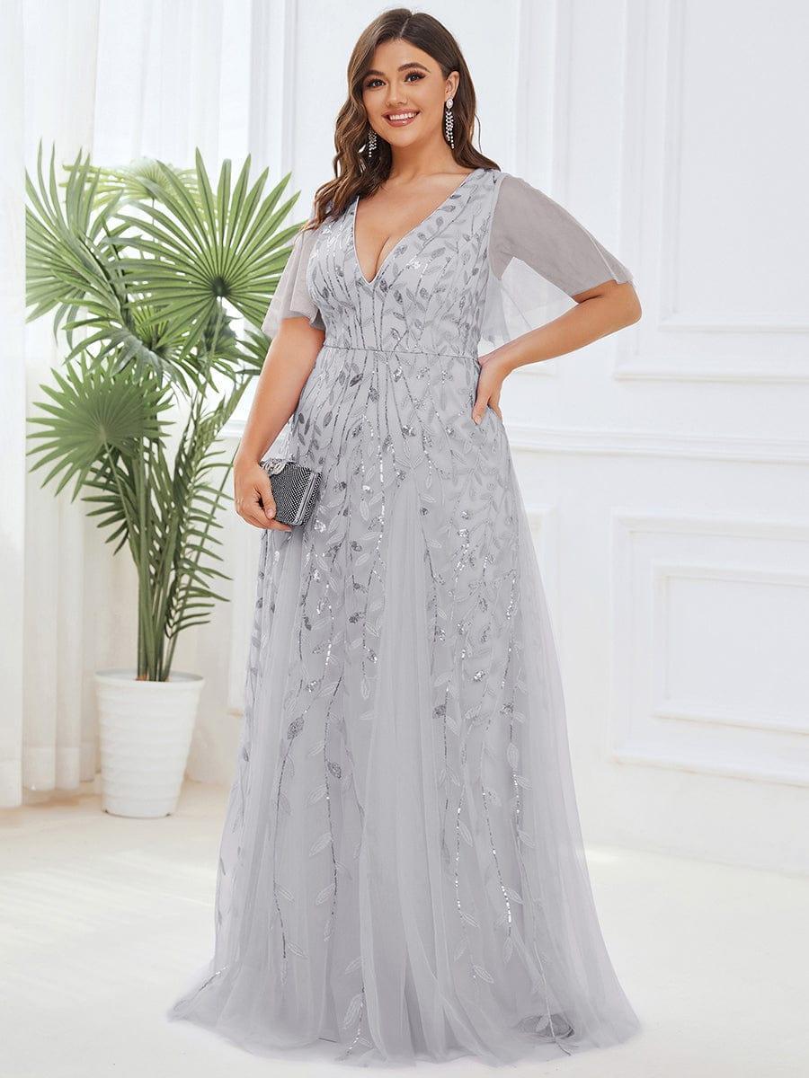 Elegant Ruffle Sleeves Maxi Sequin Mother of the Bride Dress #color_Silver