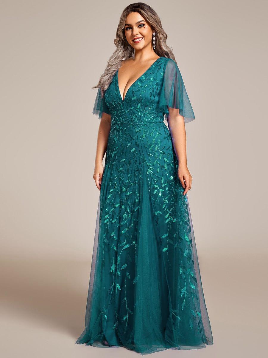 Elegant Ruffle Sleeves Maxi Sequin Mother of the Bride Dress #color_Teal