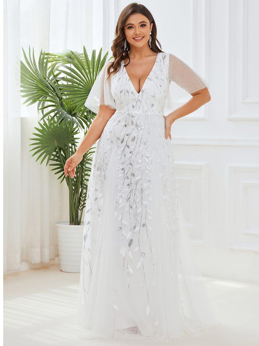 Elegant Ruffle Sleeves Maxi Sequin Mother of the Bride Dress #color_White