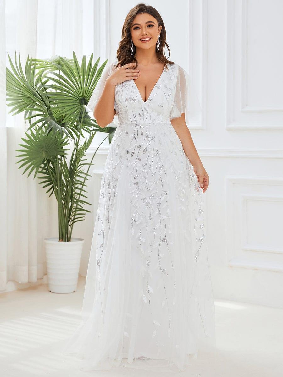 Elegant Ruffle Sleeves Maxi Sequin Mother of the Bride Dress #color_White