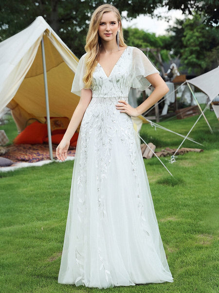 Ever-Pretty Glamorous Double V Neck Sequin Ruffle Sleeve Maxi Formal Evening Dress