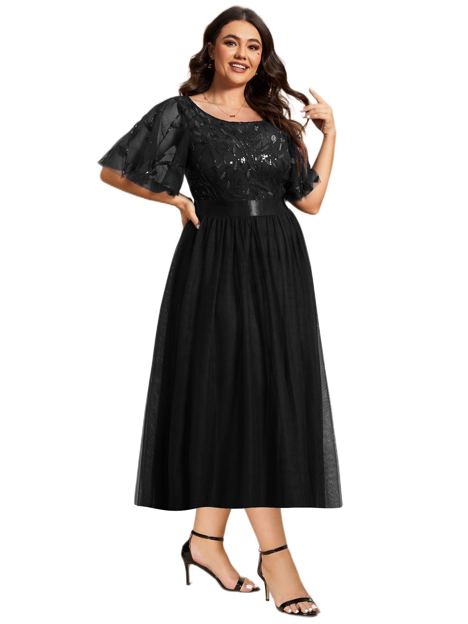 Plus Size Sequin Leaf Midi Evening Dresses #color_Black