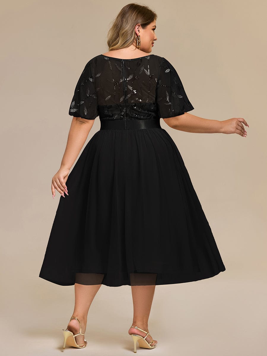 Plus Size Sequin Leaf Midi Evening Dresses #color_Black