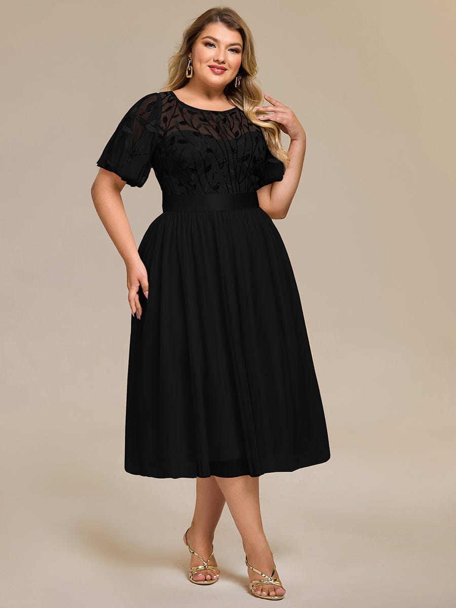 Plus Size Sequin Leaf Midi Evening Dresses #color_Black
