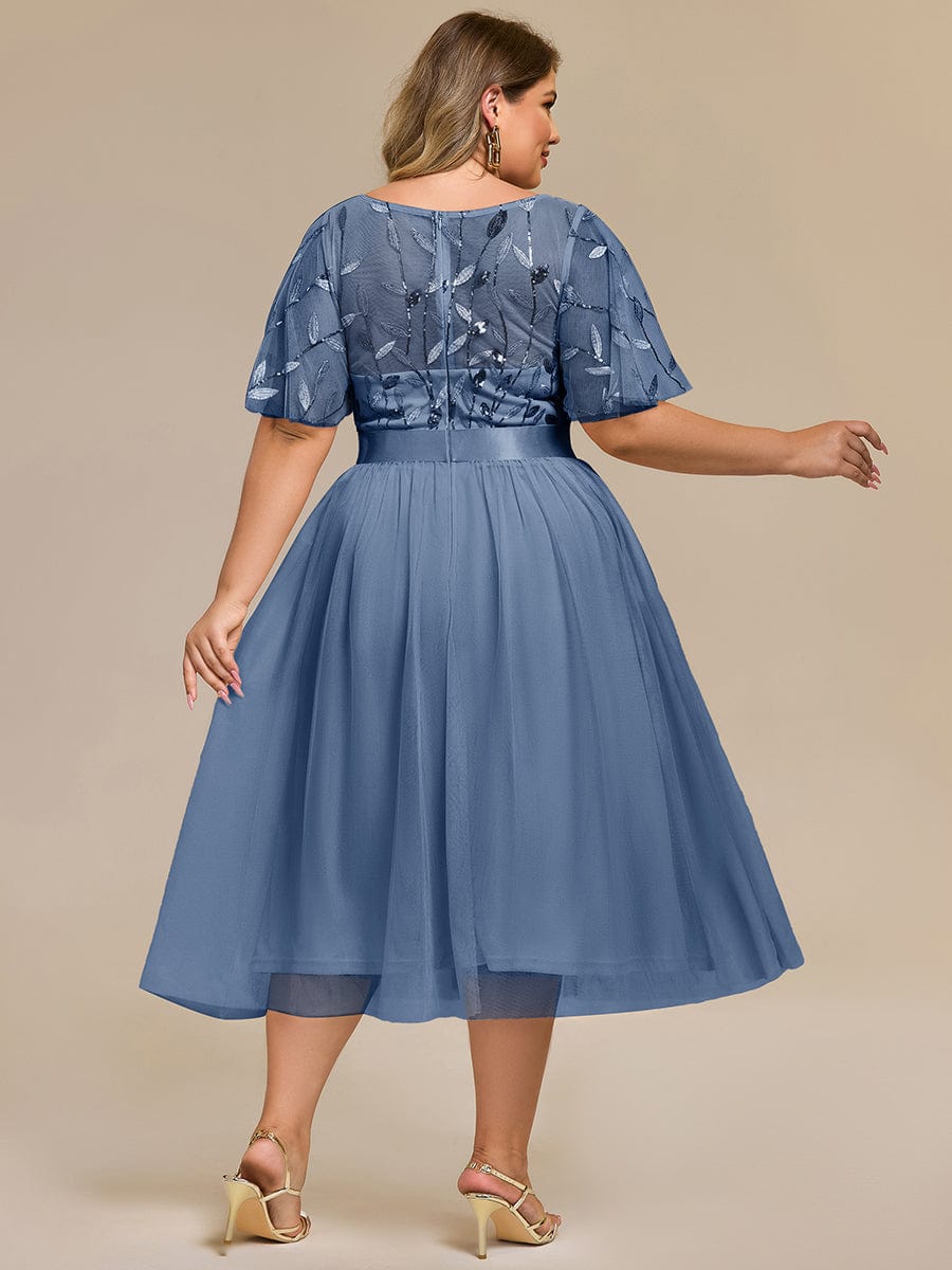 Plus Size Sequin Leaf Midi Evening Dresses #color_Dusty Blue