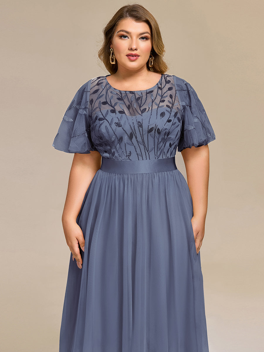 Elegant Plus Size Sequin Leaf Embroidery Midi Dress with Sheer Sleeves
