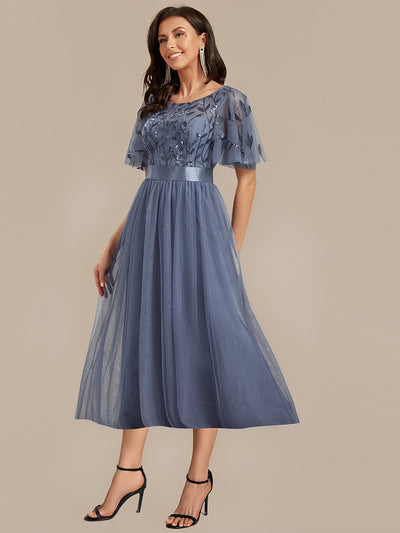 Sequin Leaf Mesh Midi Party Dress #color_Dusty Blue