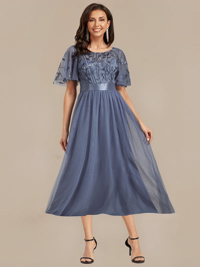 Sequin Leaf Mesh Midi Party Dress #color_Dusty Blue