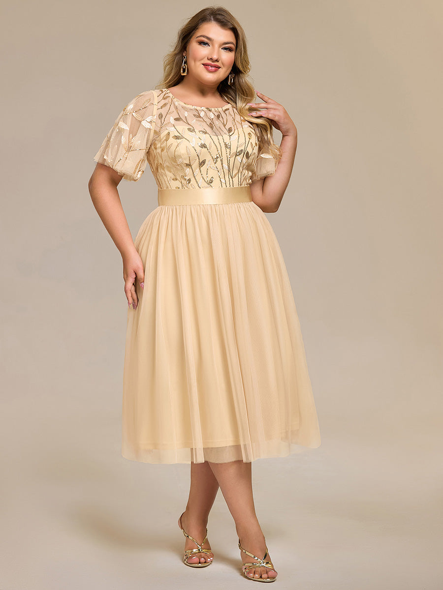 Sequin Leaf Mesh Midi Party Dress #color_Gold