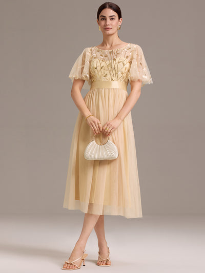 Sequin Leaf Mesh Midi Party Dress #color_Gold