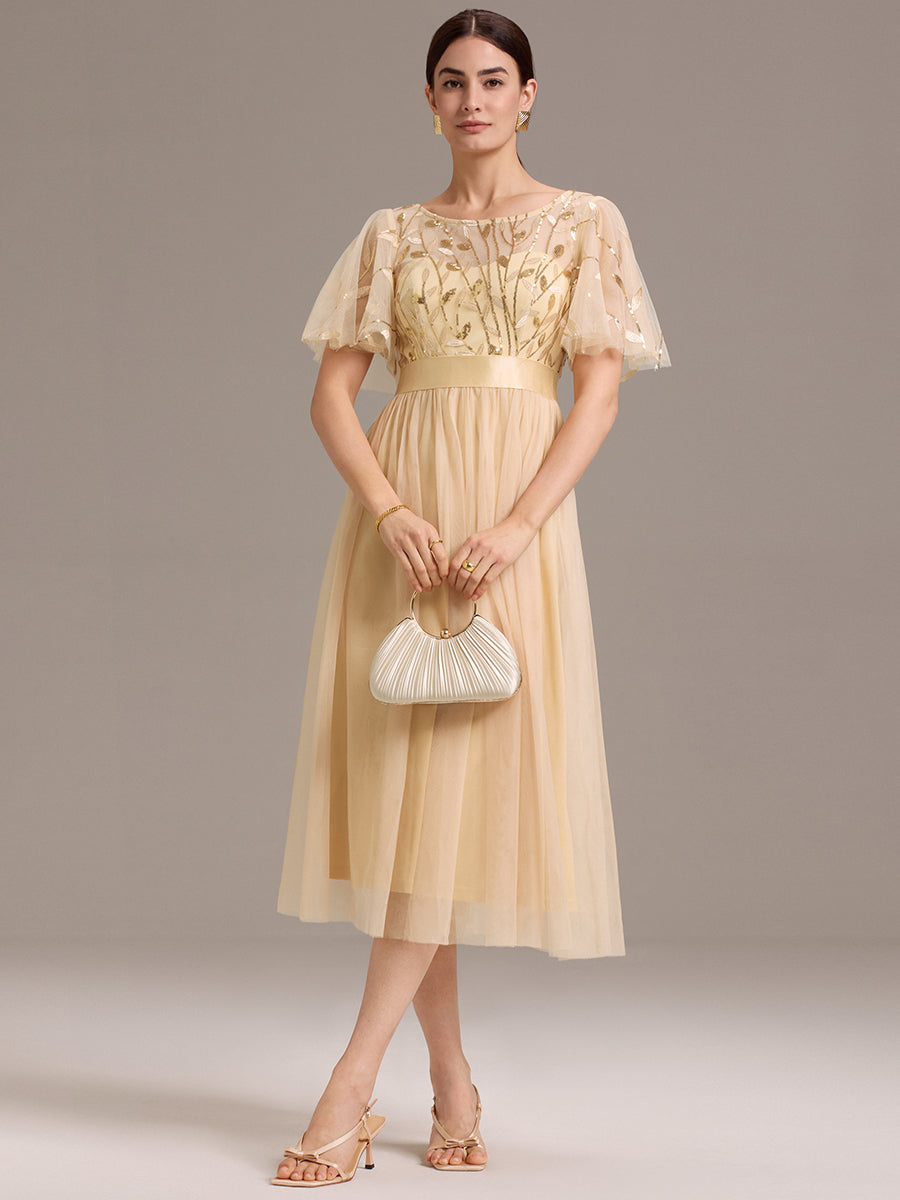 Sequin Leaf Mesh Midi Party Dress #color_Gold