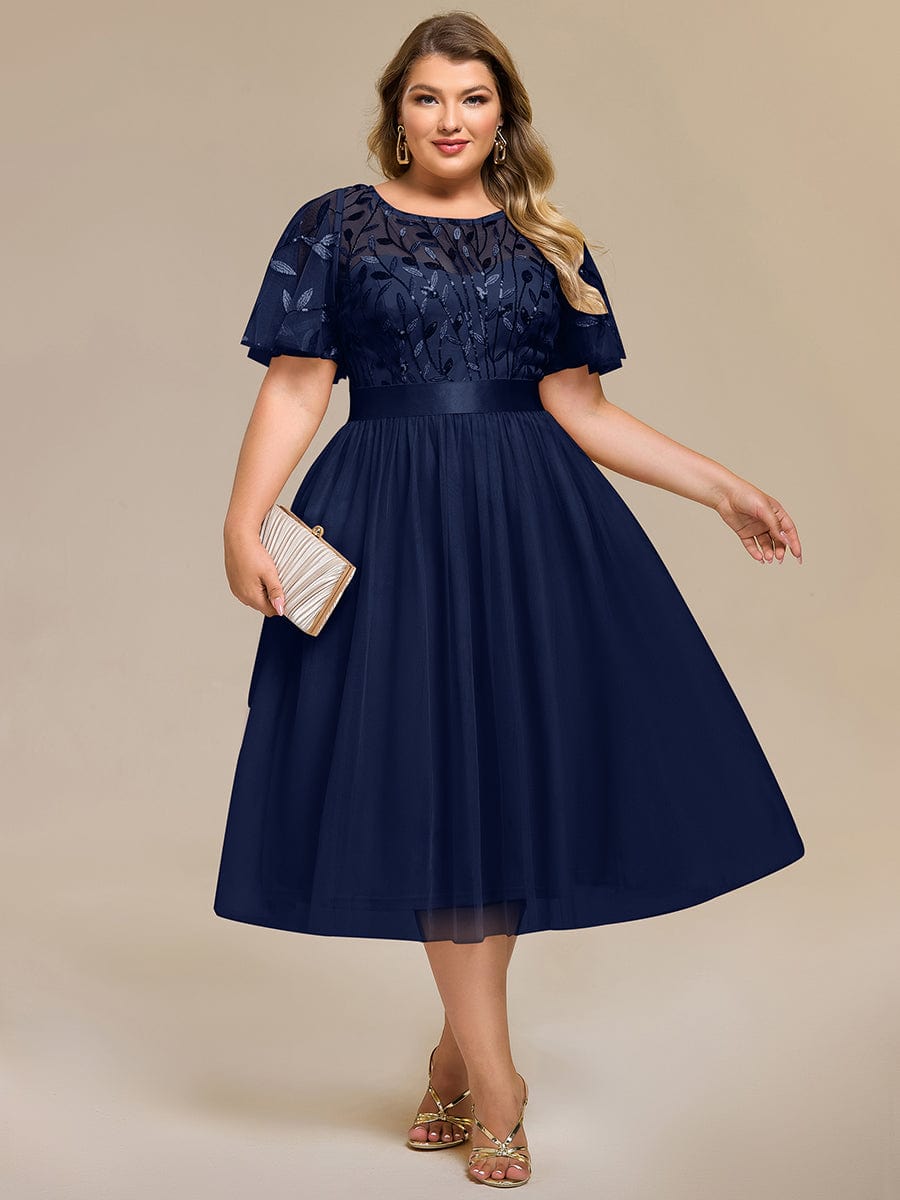Plus Size Sequin Leaf Midi Evening Dresses #color_Navy Blue