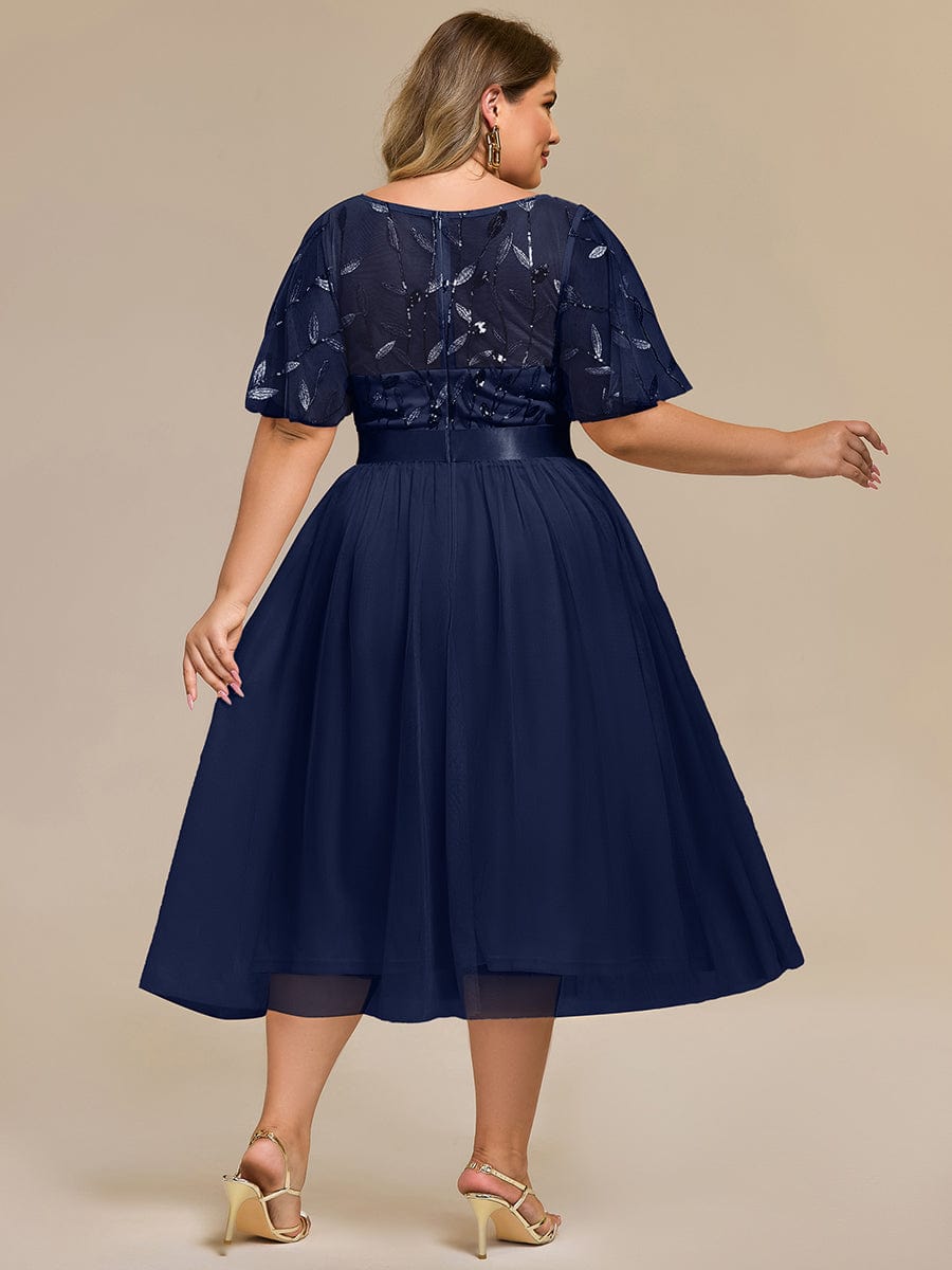 Plus Size Sequin Leaf Midi Evening Dresses #color_Navy Blue