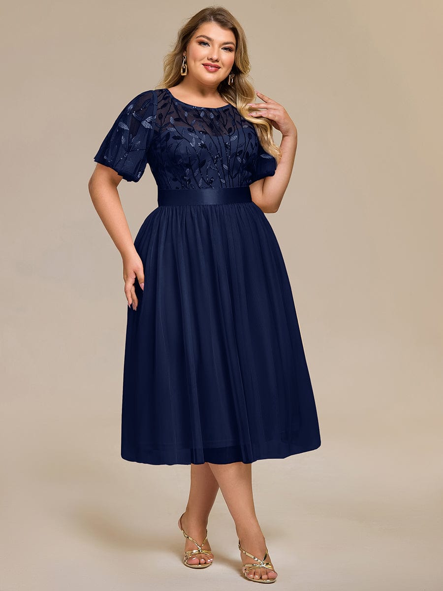Plus Size Sequin Leaf Midi Evening Dresses #color_Navy Blue