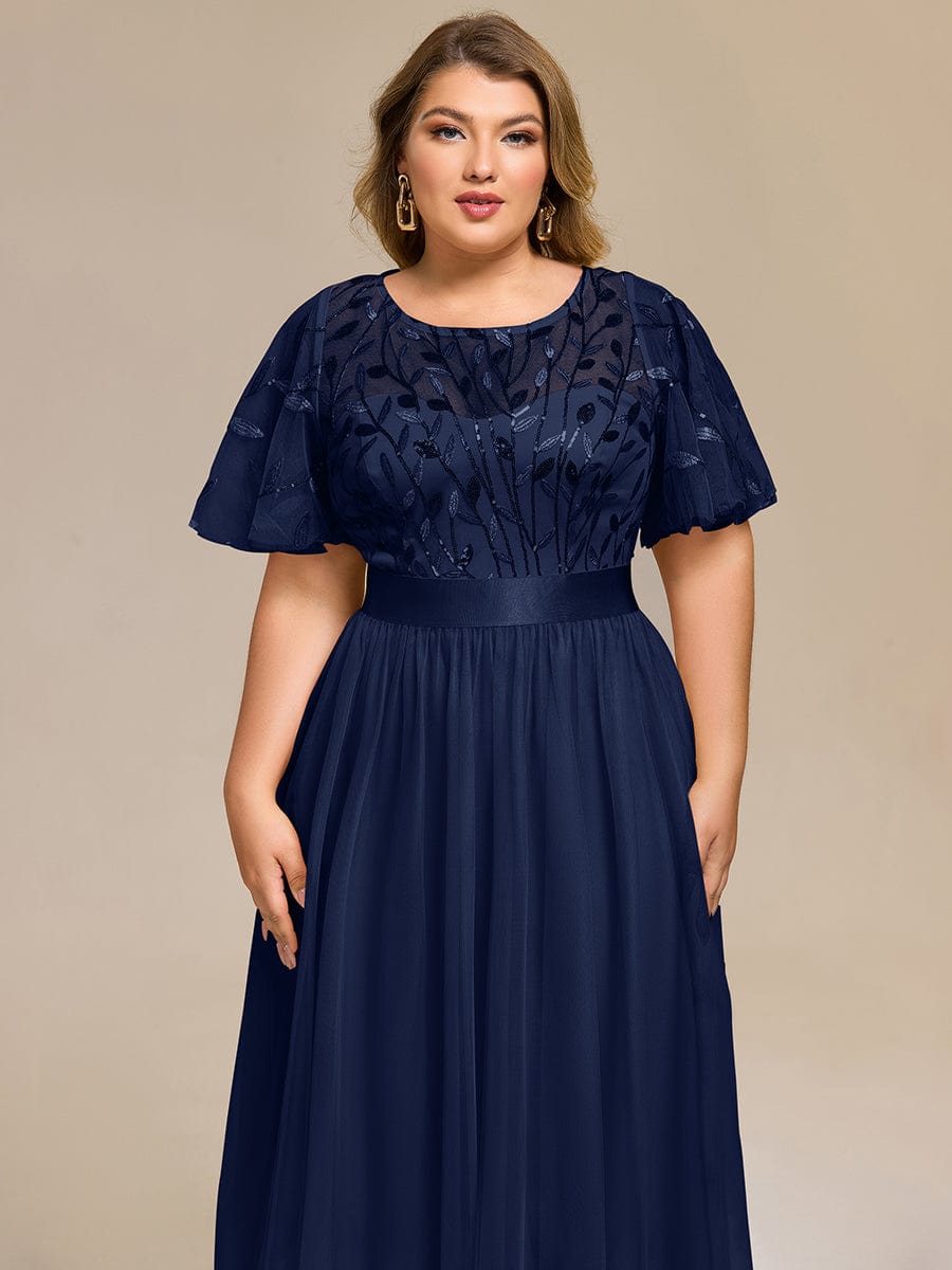 Plus Size Sequin Leaf Midi Evening Dresses #color_Navy Blue