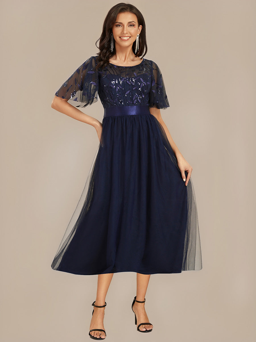 Sequin Leaf Mesh Midi Party Dress #color_Navy Blue