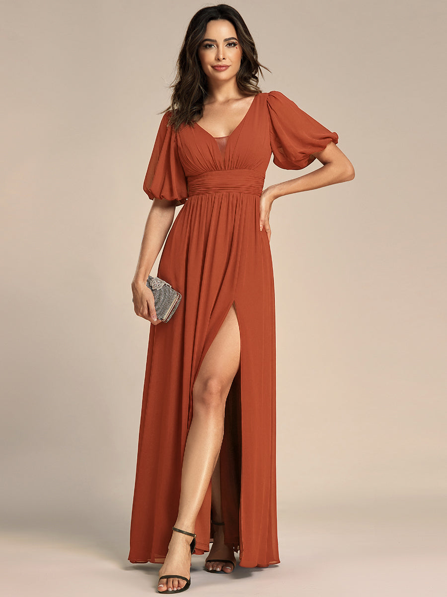 Chiffon Illusion V-Neck Flutter Sleeve Front Slit Evening Dress #Color_Burnt Orange