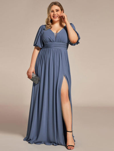 Plus Size V-Neck Front Slit Chiffon Evening Dress #color_Dusty Blue
