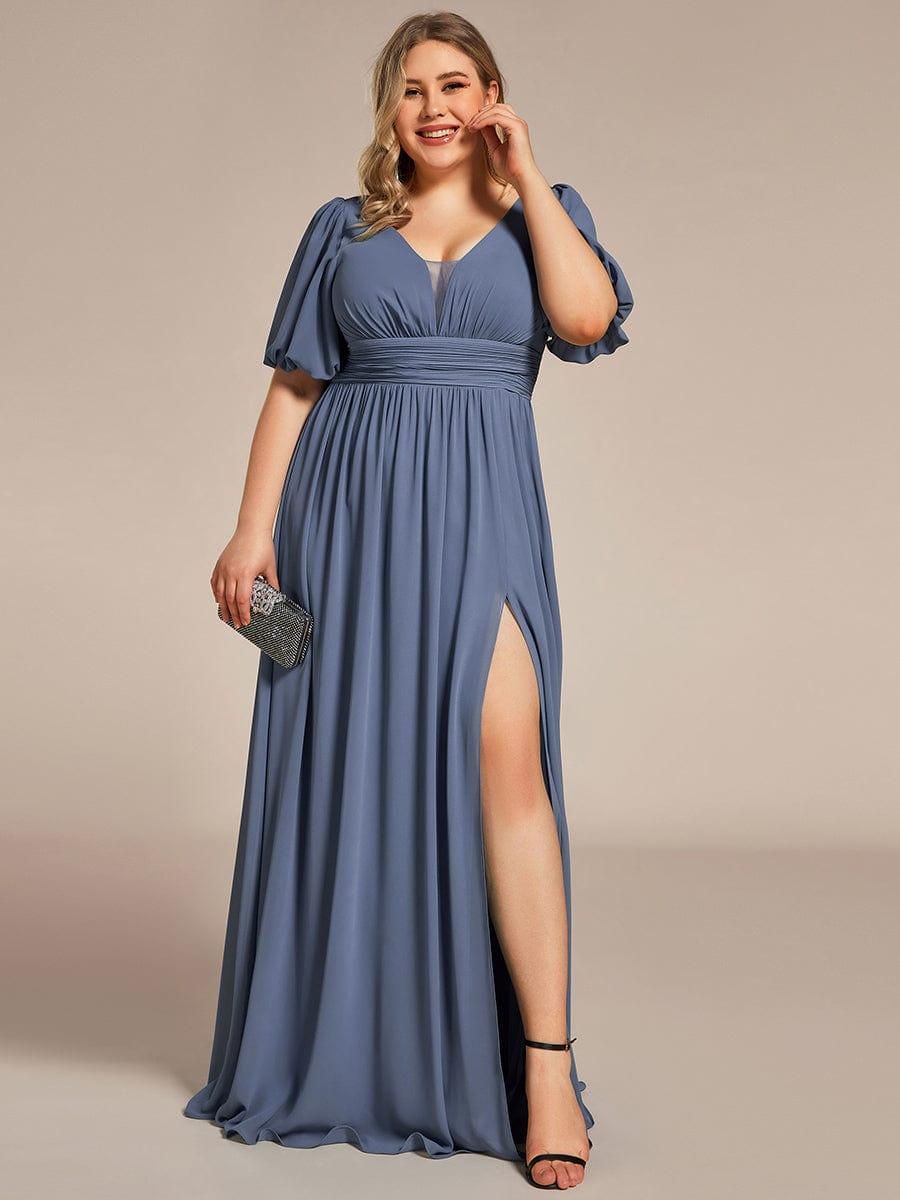 Plus Size V-Neck Front Slit Chiffon Evening Dress #color_Dusty Blue