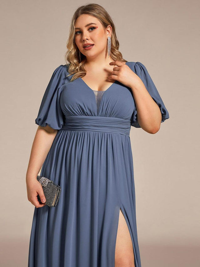 Pleated Chiffon V-Neck Front Slit Evening Dress - Ever-Pretty US