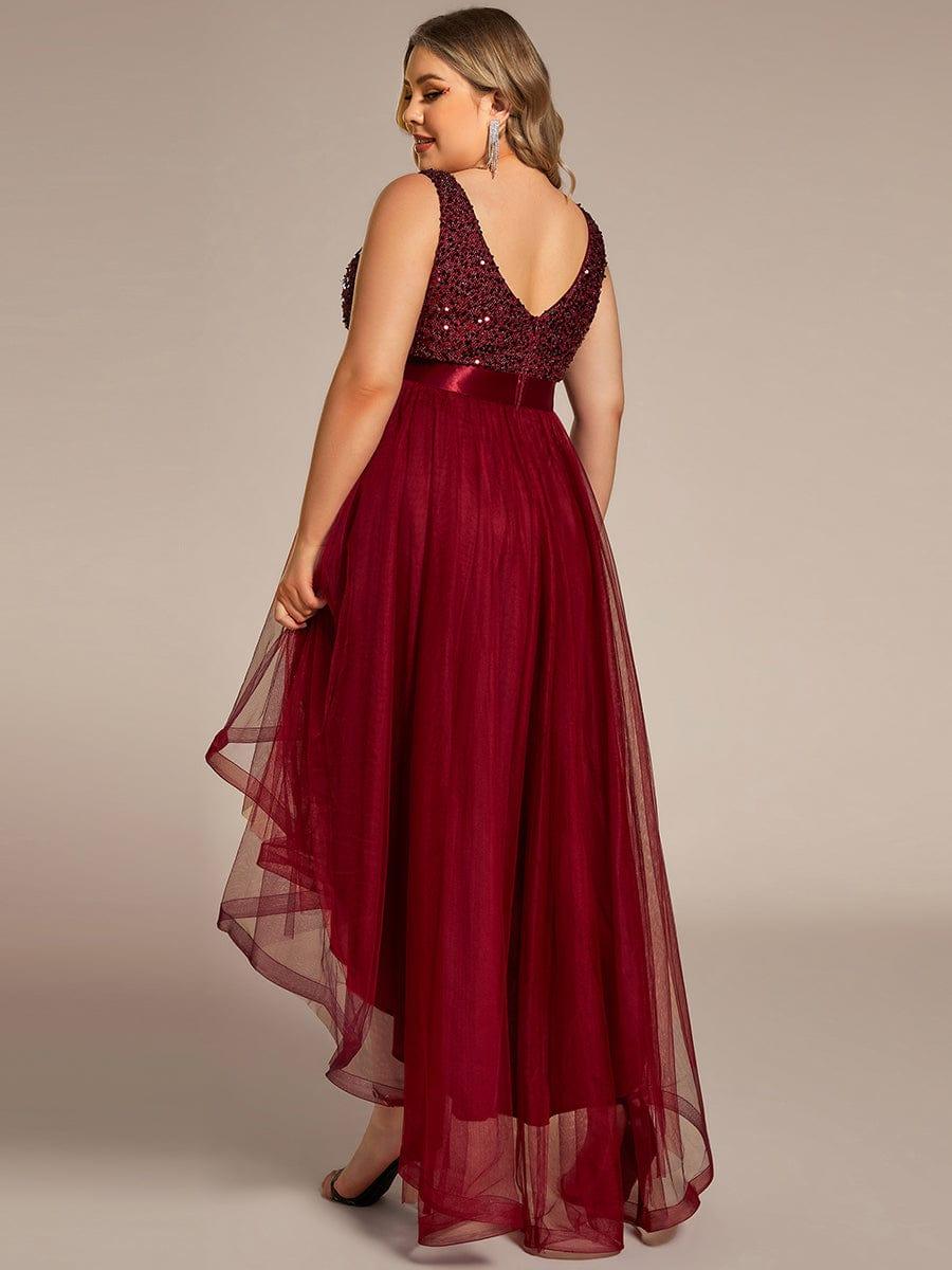 Plus Size Sleeveless Sequin Ribbon Waist Tulle High Low Evening Dress #color_Burgundy