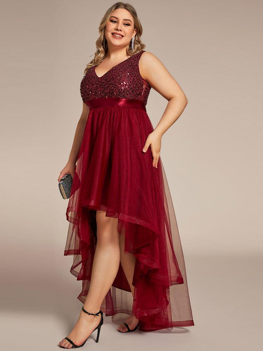 Plus Size Sleeveless Sequin Ribbon Waist Tulle High Low Evening Dress #color_Burgundy