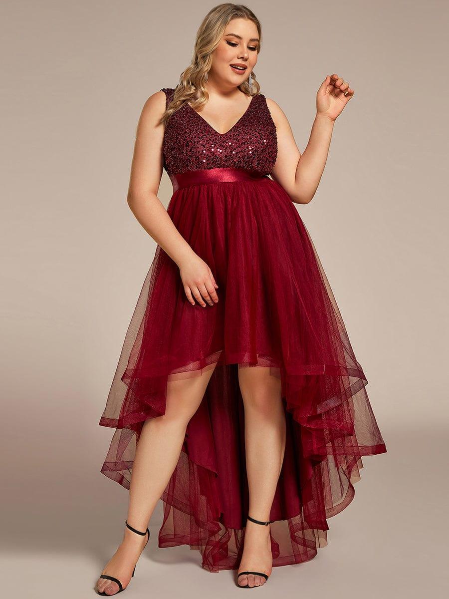 Plus Size Sleeveless Sequin Ribbon Waist Tulle High Low Evening Dress #color_Burgundy