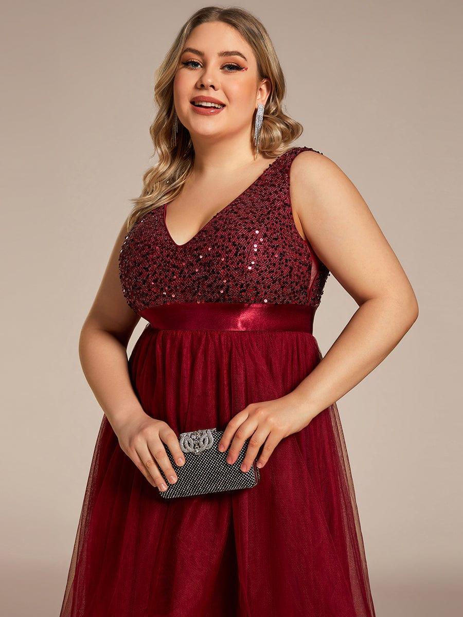 Plus Size Sleeveless Sequin Ribbon Waist Tulle High Low Evening Dress #color_Burgundy