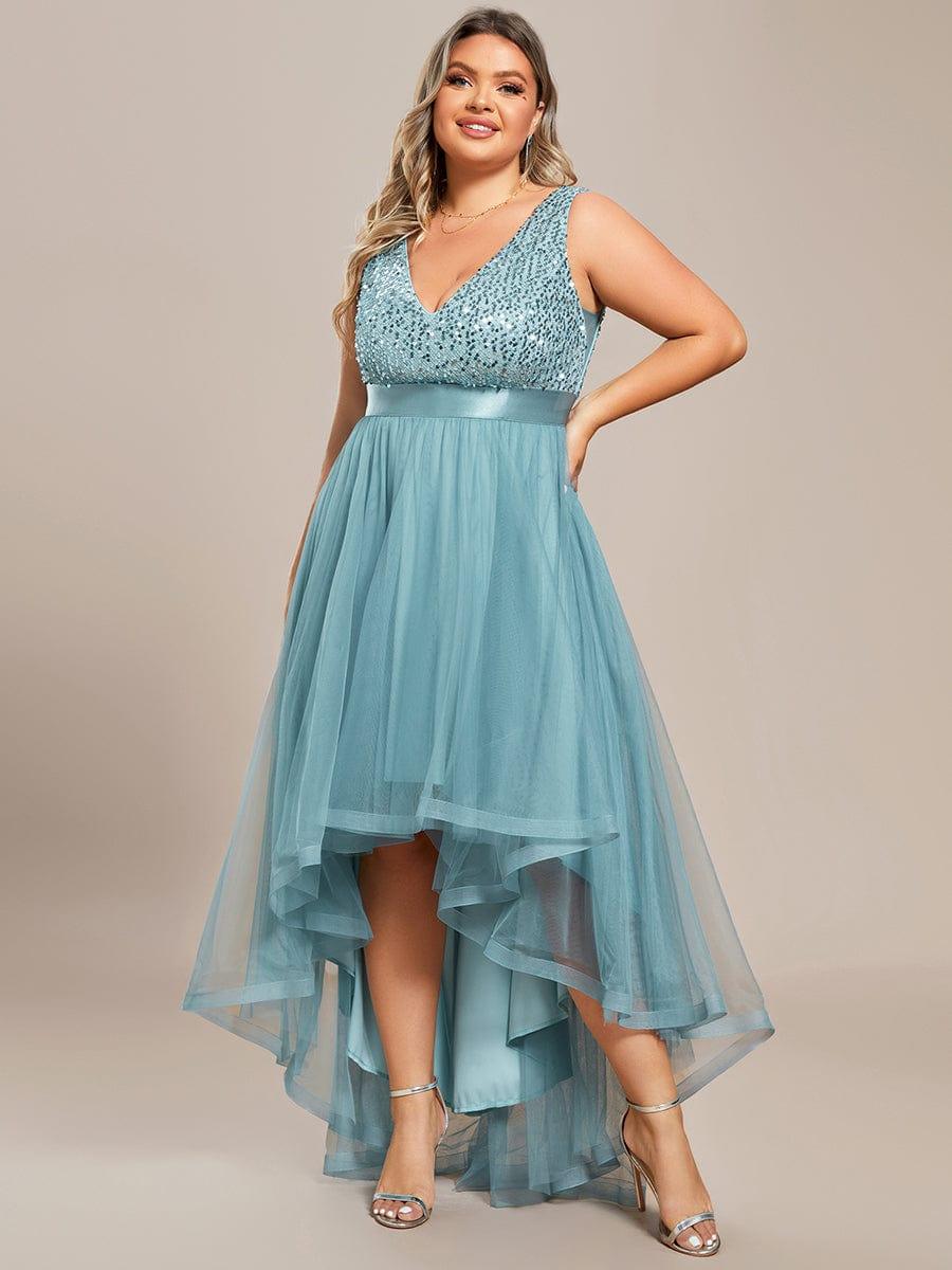 Plus Size Sleeveless Sequin Ribbon Waist Tulle High Low Evening Dress #color_Light Teal